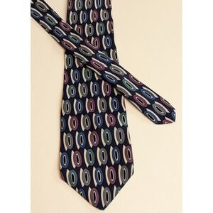VTG Rooster Men's Silk Tie Navy‎ Blue Geometric Oval Pattern Made in USA